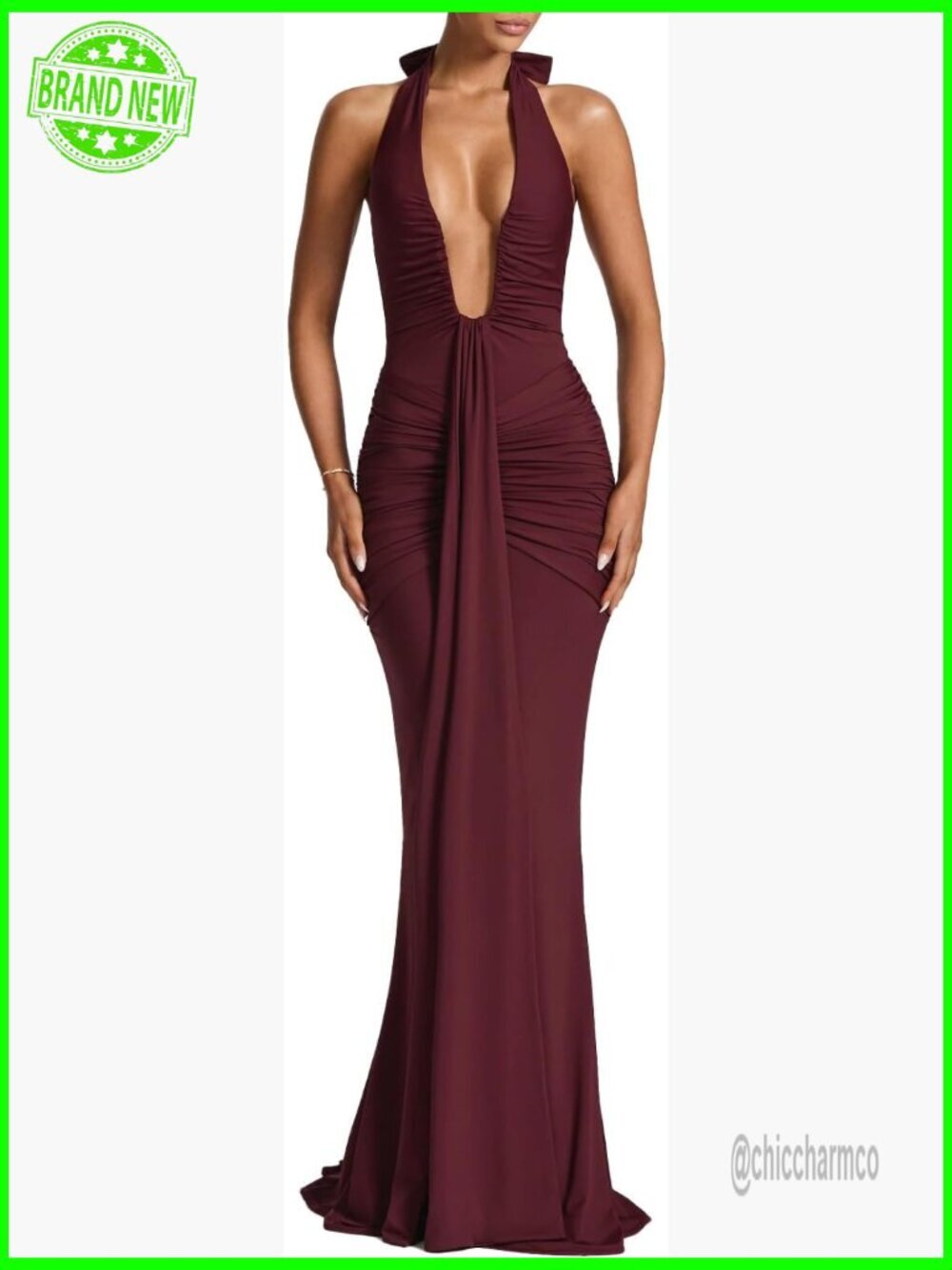 Deep V Neck Ruched Maxi Dress Halter Formal Evening Gown